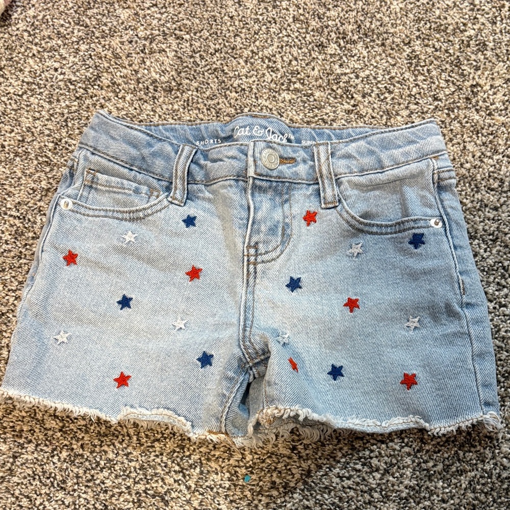 Cat & Jack Light Wash Denim Shorts with Red, Navy & White Star Embroidery